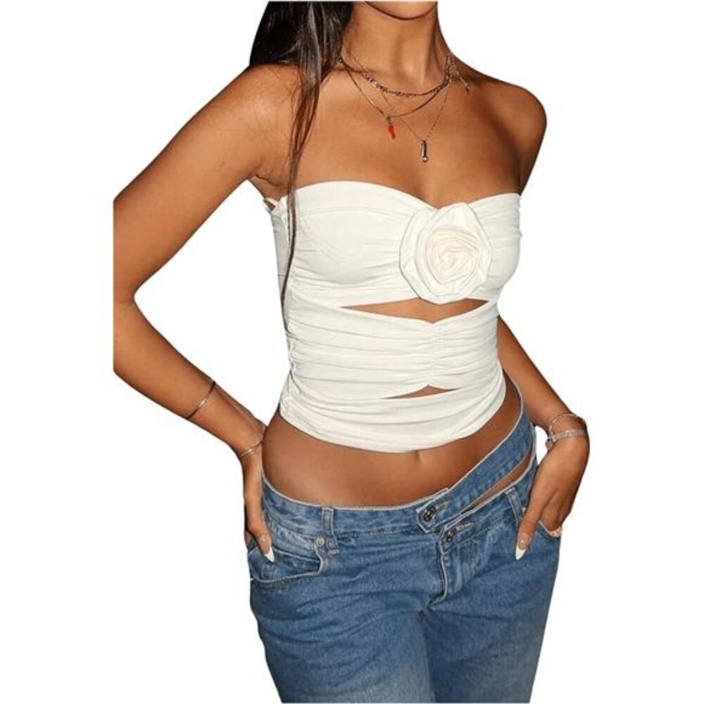 🌺 Strapless 3D Flower Crop Top | Ruched Tube Top